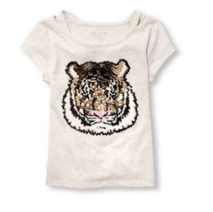Girls flip sequin tiger cut out shoulder tee